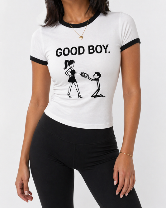 Women's Ringer Tee — "GOOD BOY." Playful Feminine Graphic Top
